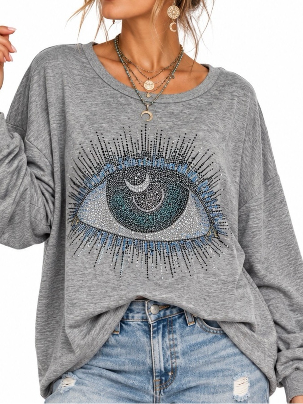 Lauren Moshi Rhinestone Evil Eye Oversized Sweatshirt Gray Boho XL